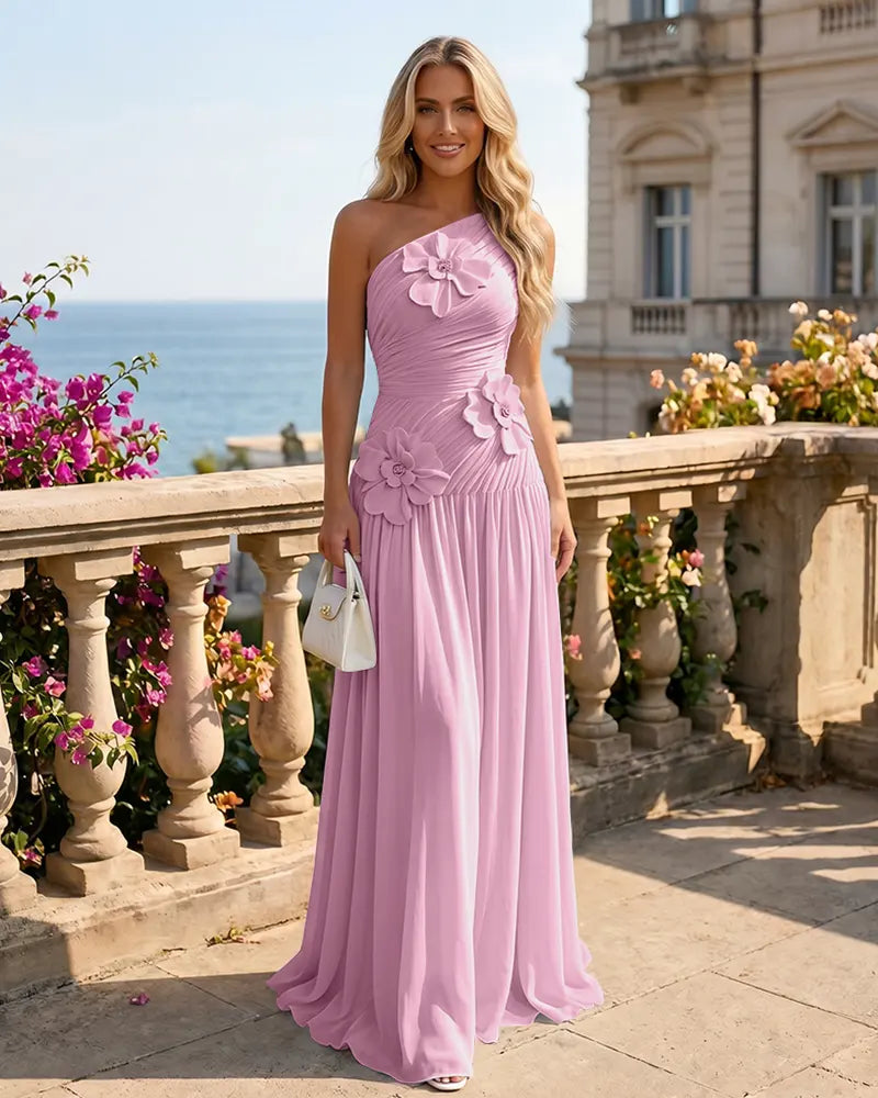 One-Shoulder-Bridesmaid-Dress-with-3D-Floral-Candy-Pink-1