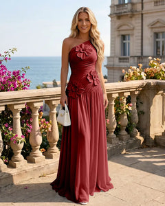 One-Shoulder-Bridesmaid-Dress-with-3D-Floral-Red-1