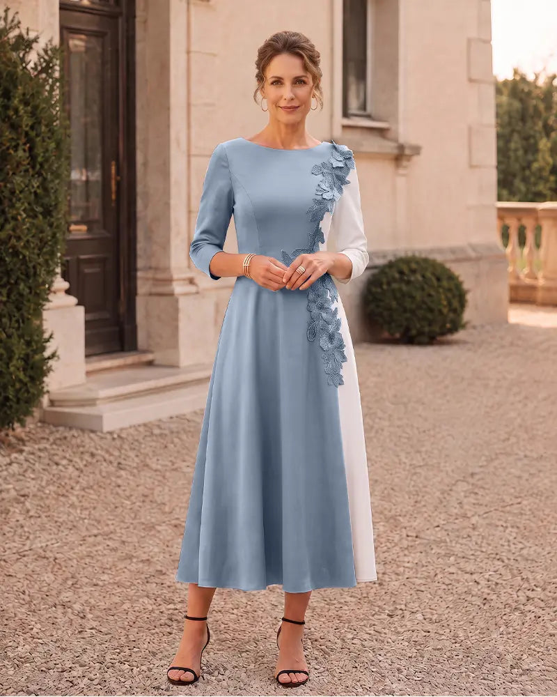 3D Floral Applique Midi A‑Line Mother of the Bride Dress