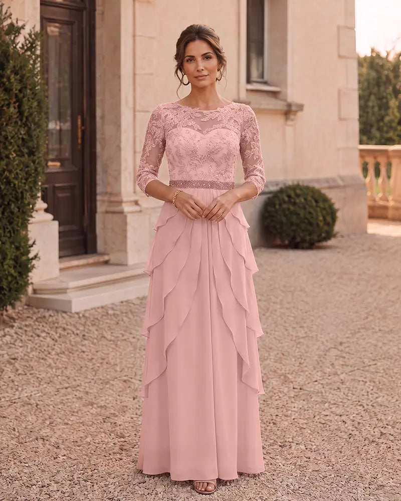 Beaded Waist Lace Bodice Chiffon Mother of the Bride Dress