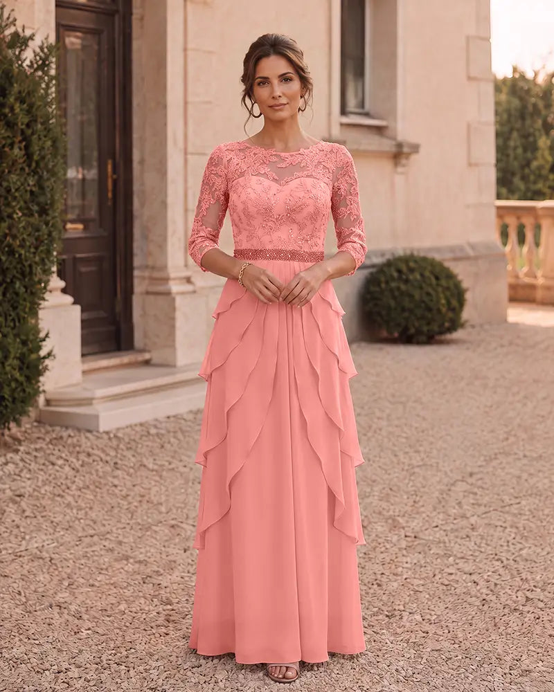 Beaded Waist Lace Bodice Chiffon Mother of the Bride Dress