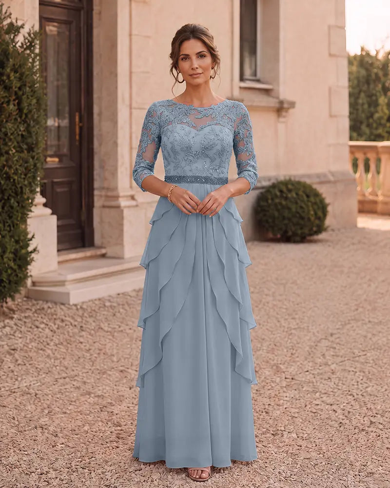 Beaded Waist Lace Bodice Chiffon Mother of the Bride Dress