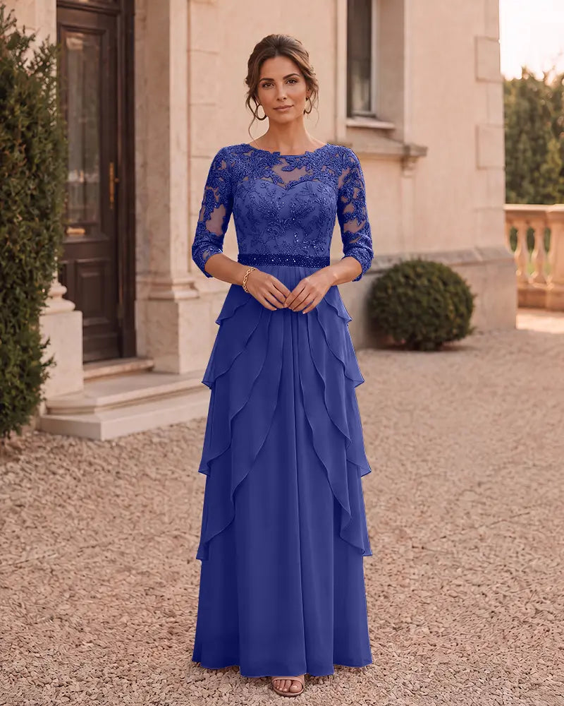 Beaded Waist Lace Bodice Chiffon Mother of the Bride Dress