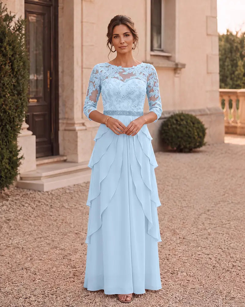 Beaded Waist Lace Bodice Chiffon Mother of the Bride Dress