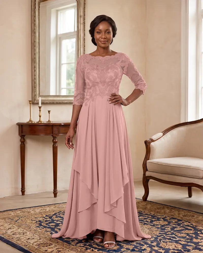 Floor‑Length Illusion Neck Chiffon Mother of the Bride Dress