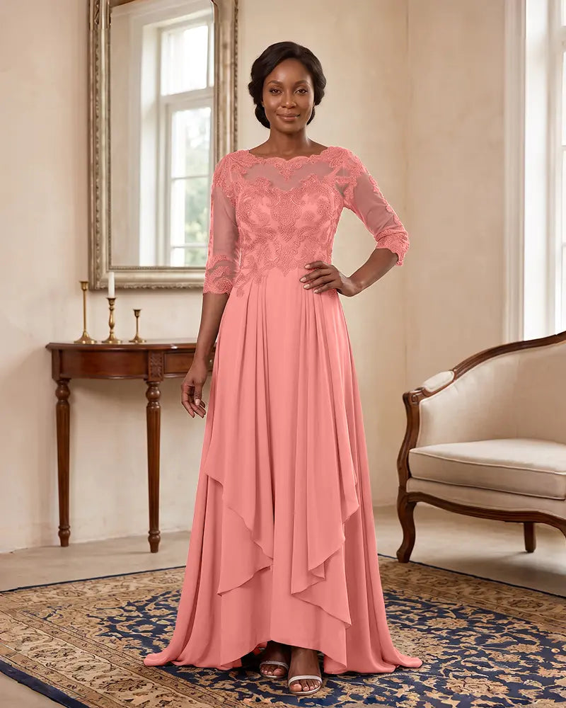 Floor‑Length Illusion Neck Chiffon Mother of the Bride Dress