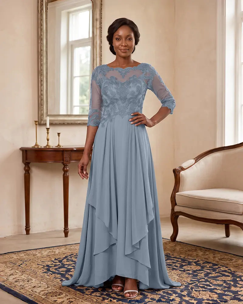 Floor‑Length Illusion Neck Chiffon Mother of the Bride Dress
