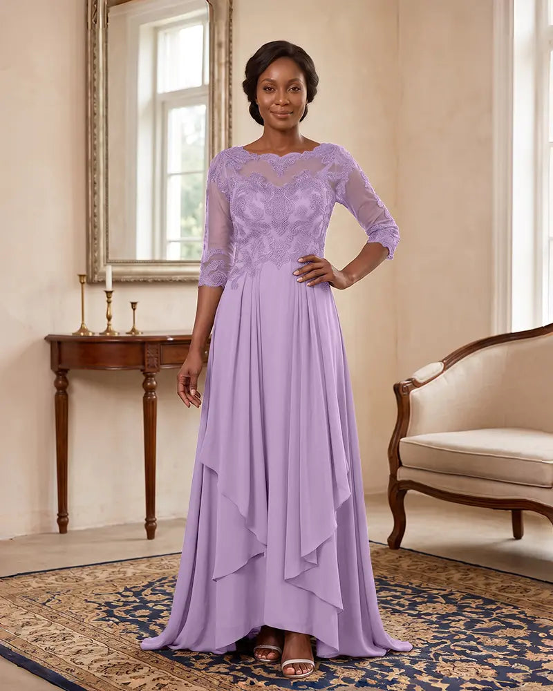 Floor‑Length Illusion Neck Chiffon Mother of the Bride Dress