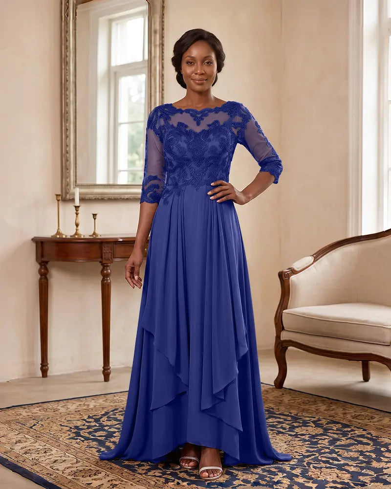 Floor‑Length Illusion Neck Chiffon Mother of the Bride Dress