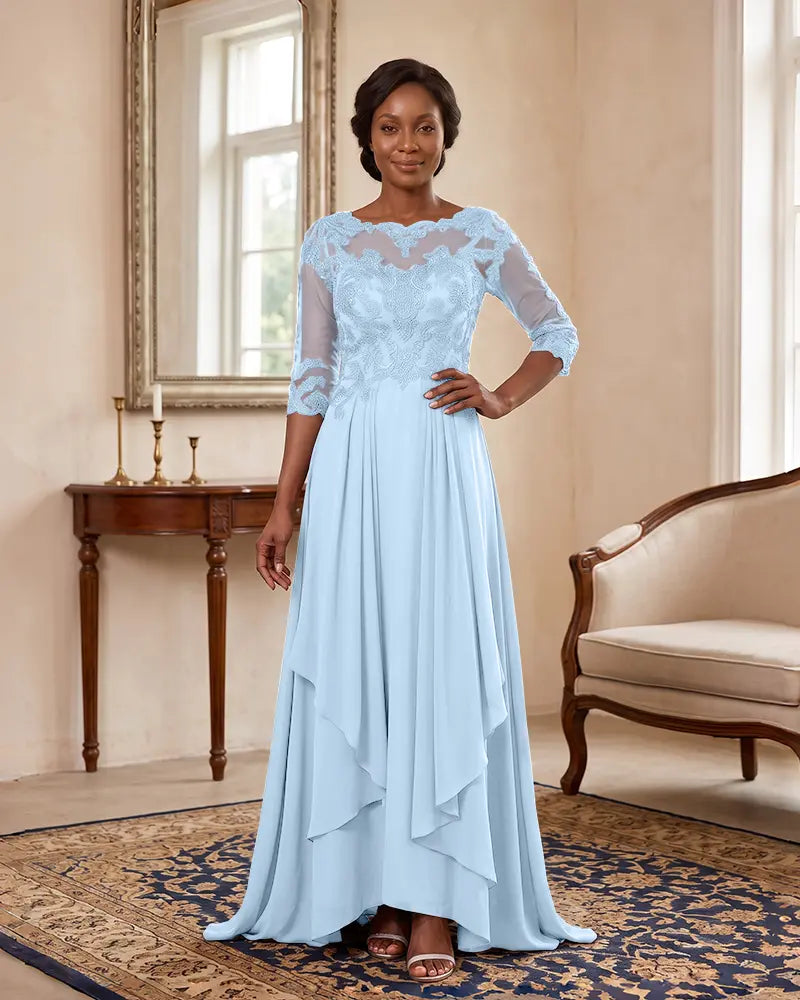 Floor‑Length Illusion Neck Chiffon Mother of the Bride Dress