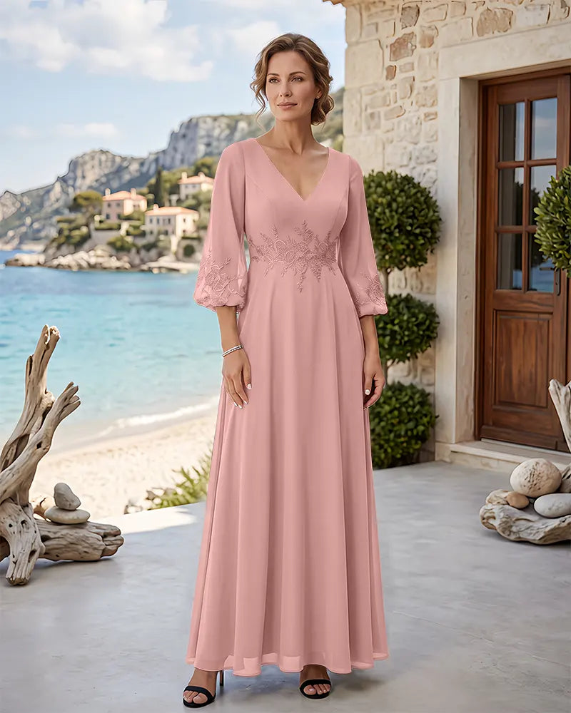 Floor‑Length V‑Neck Chiffon Mother of the Bride Dress