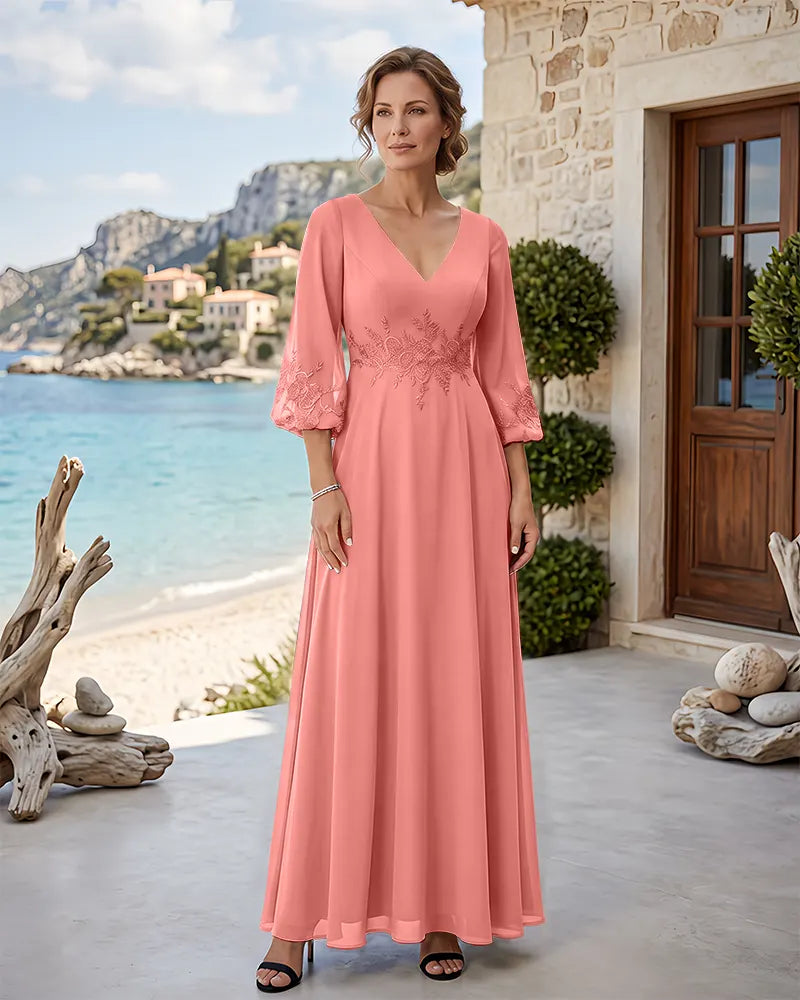 Floor‑Length V‑Neck Chiffon Mother of the Bride Dress