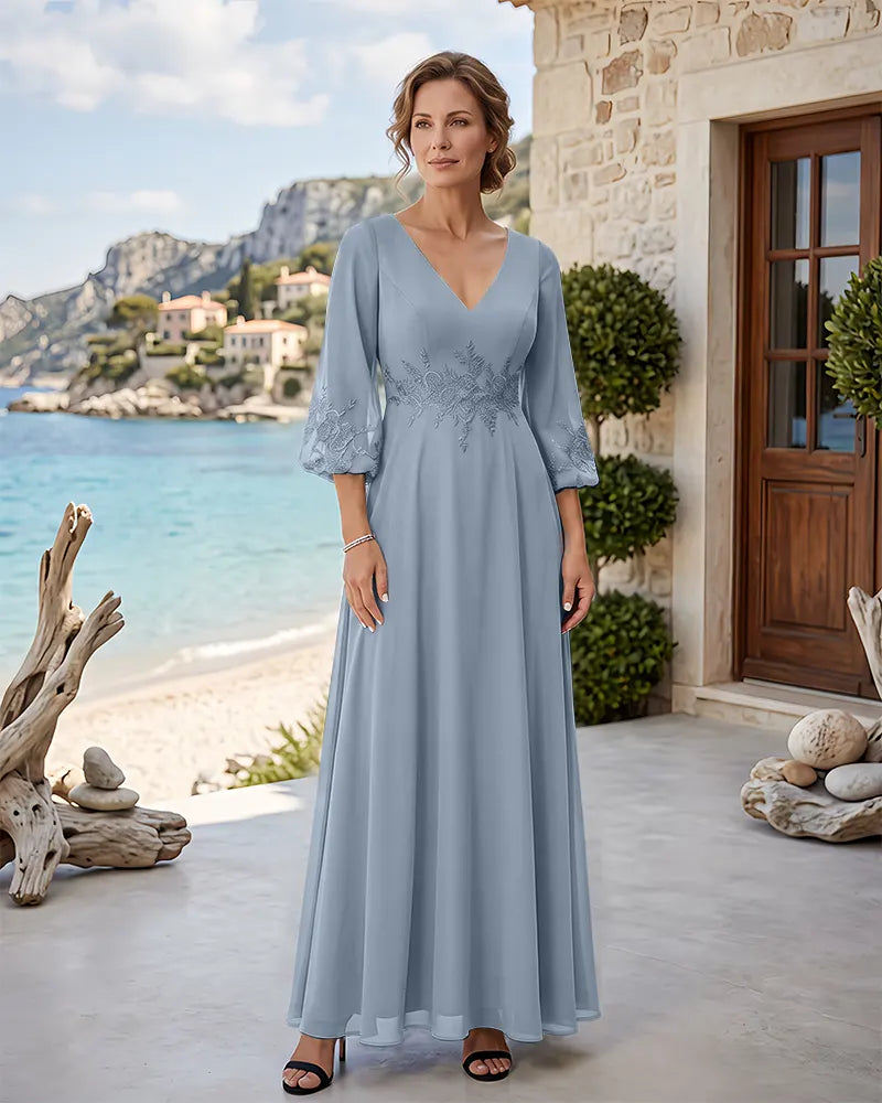 Floor‑Length V‑Neck Chiffon Mother of the Bride Dress
