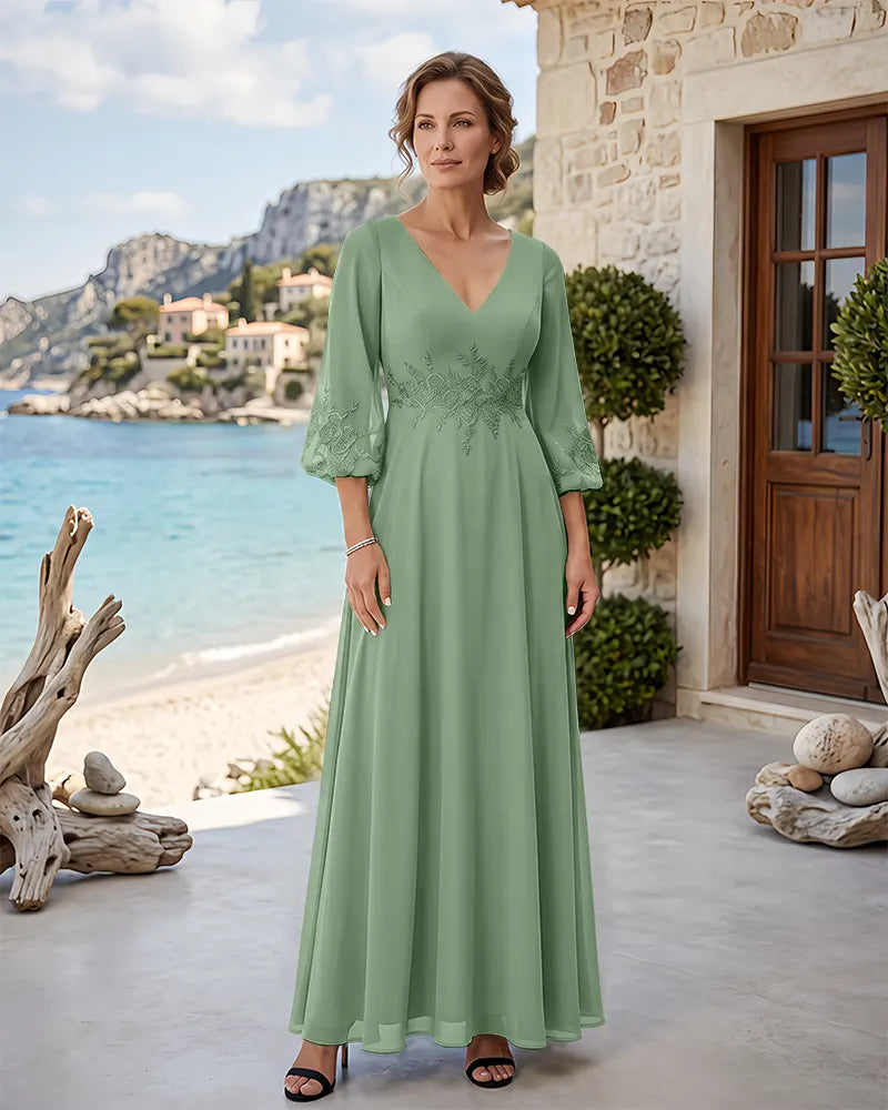 Floor‑Length V‑Neck Chiffon Mother of the Bride Dress