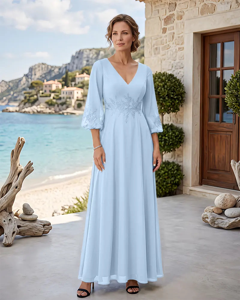 Floor‑Length V‑Neck Chiffon Mother of the Bride Dress