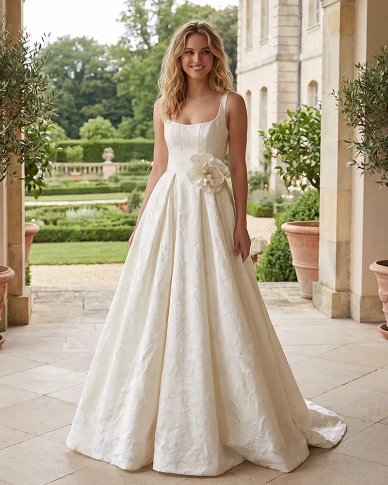 Jacquard-Square-Strap-Wedding-Dress-with-3D-Flower-Waist-Ivory-1
