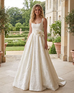 Jacquard-Square-Strap-Wedding-Dress-with-3D-Flower-Waist-Ivory-1
