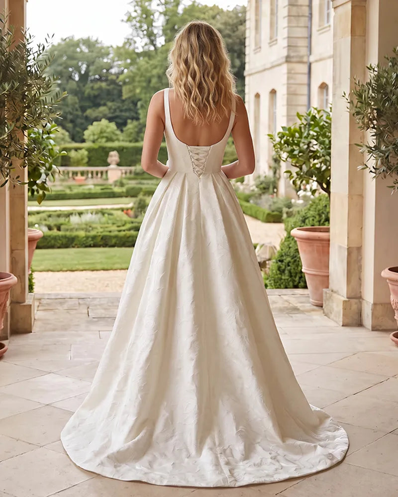 Jacquard-Square-Strap-Wedding-Dress-with-3D-Flower-Waist-Ivory-2