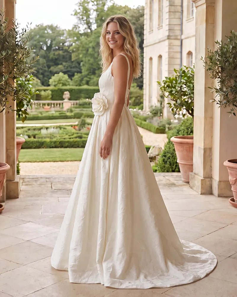 Jacquard-Square-Strap-Wedding-Dress-with-3D-Flower-Waist-Ivory-3
