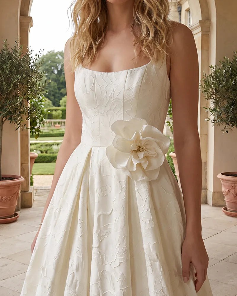 Jacquard-Square-Strap-Wedding-Dress-with-3D-Flower-Waist-Ivory-4