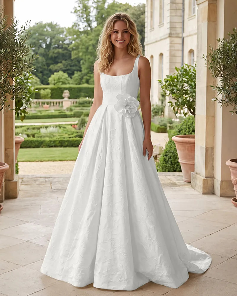 Jacquard-Square-Strap-Wedding-Dress-with-3D-Flower-Waist-White-1