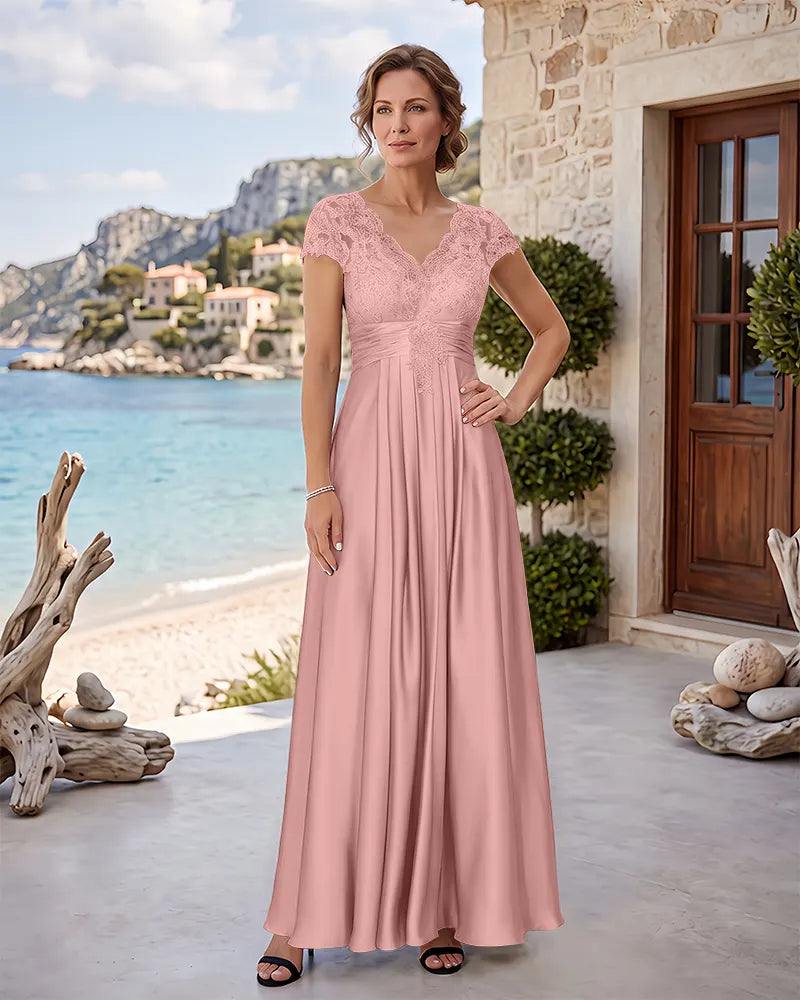 V‑Neck Cap Sleeves Lace Bodice Mother of the Bride Dress