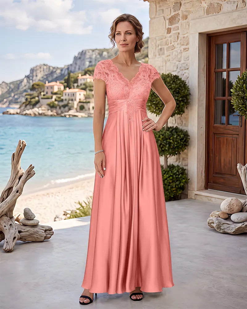 V‑Neck Cap Sleeves Lace Bodice Mother of the Bride Dress