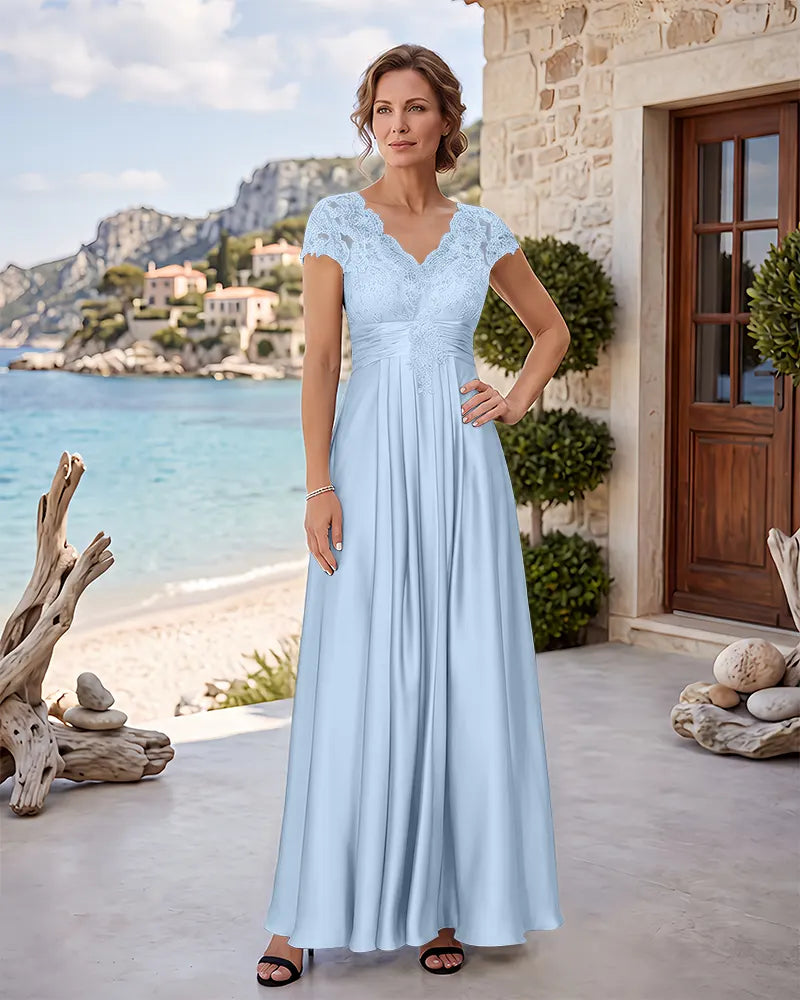 V‑Neck Cap Sleeves Lace Bodice Mother of the Bride Dress