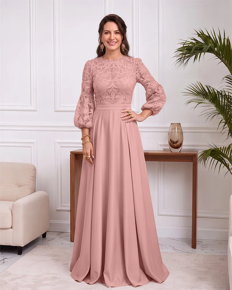 Long Puff Sleeve Lace Bodice Mother of the Bride Dress