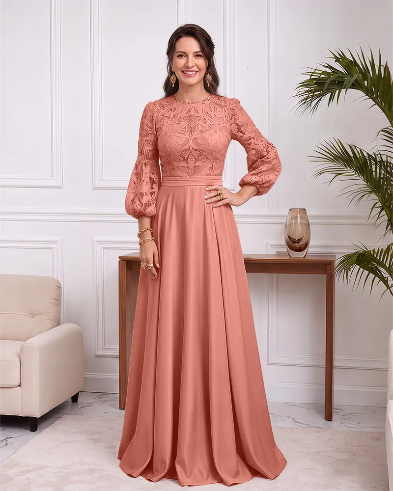 Long Puff Sleeve Lace Bodice Mother of the Bride Dress