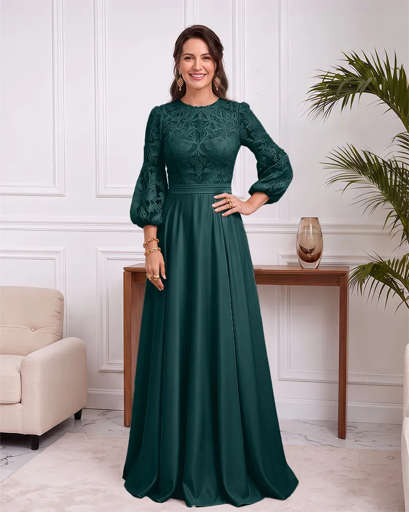 Long Puff Sleeve Lace Bodice Mother of the Bride Dress