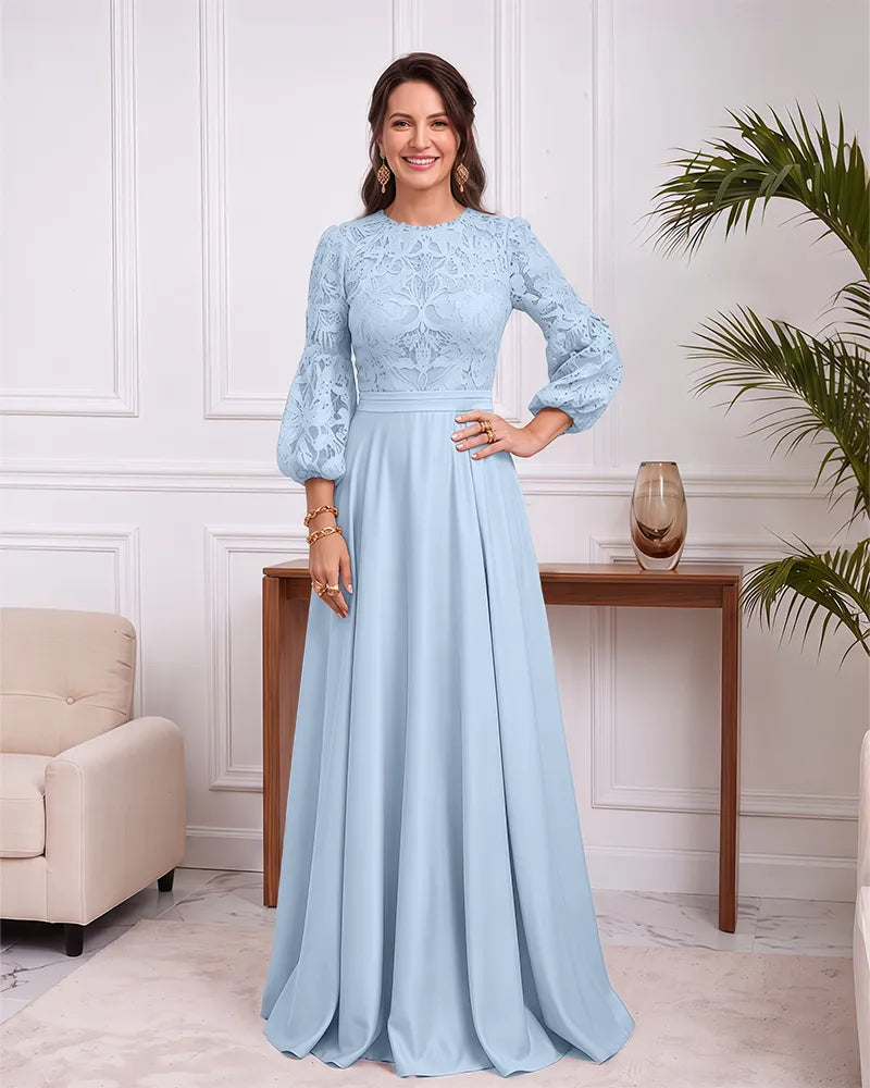 Long Puff Sleeve Lace Bodice Mother of the Bride Dress
