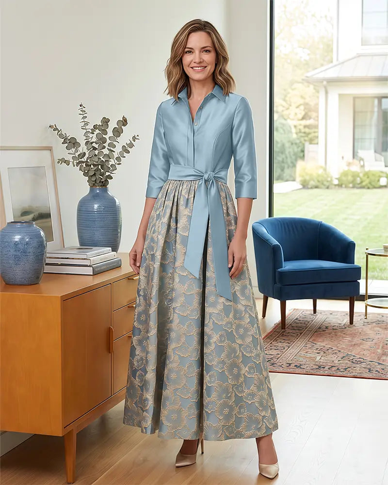 3/4 Sleeve Floral Jacquard Mother of the Bride Dress