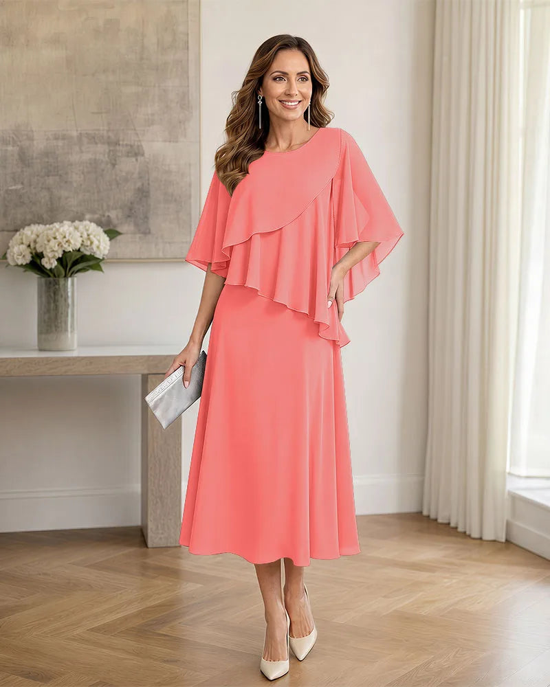 Chiffon-Formal-Mother-of-the-Bride-Dress-with-Capelet-Coral-1