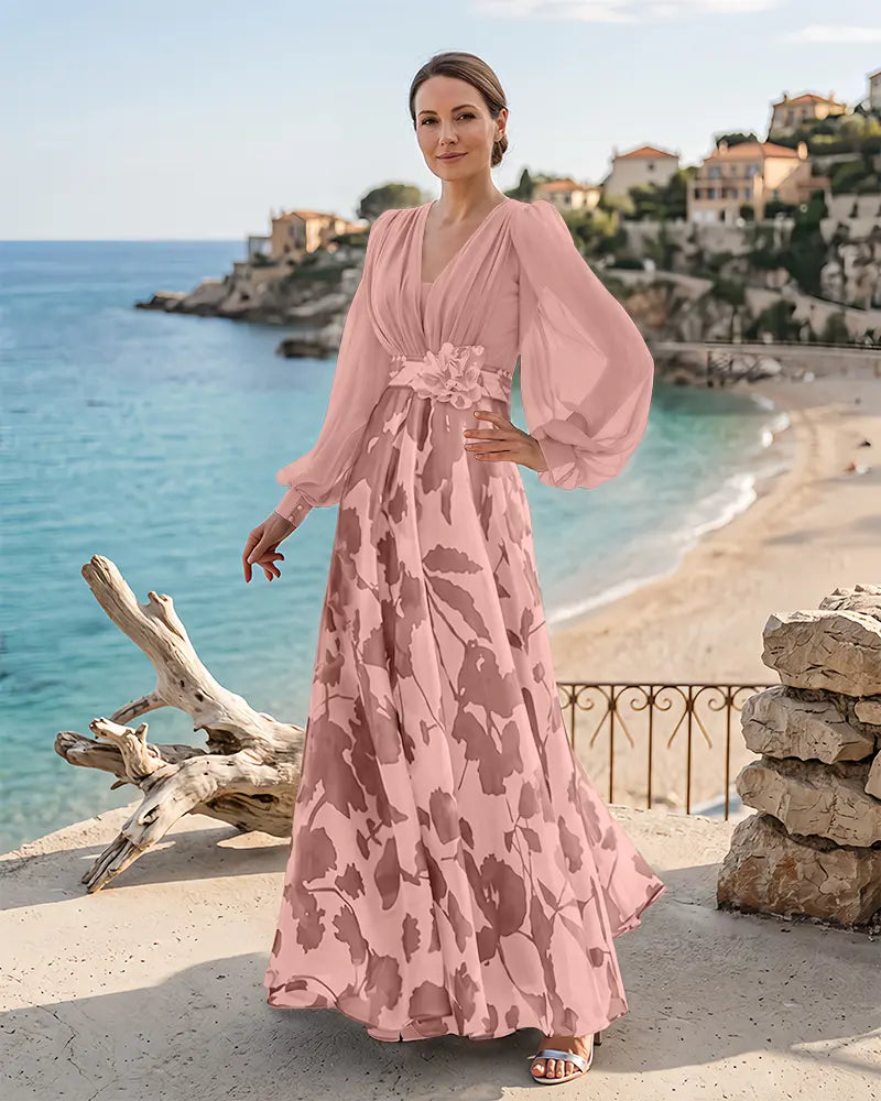 Printed Chiffon Balloon Sleeve Mother of the Bride Dress