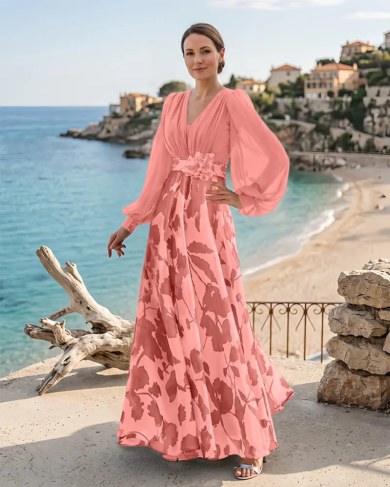 Printed Chiffon Balloon Sleeve Mother of the Bride Dress