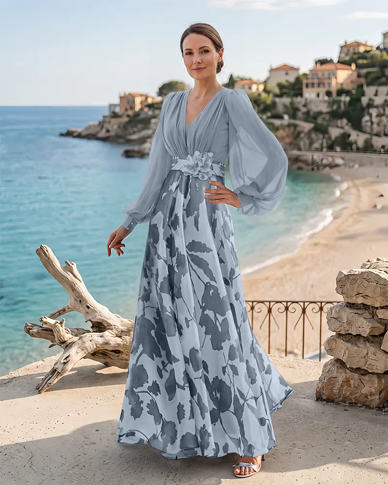 Printed Chiffon Balloon Sleeve Mother of the Bride Dress