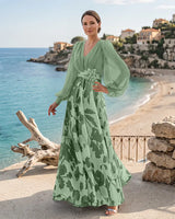 Printed Chiffon Balloon Sleeve Mother of the Bride Dress