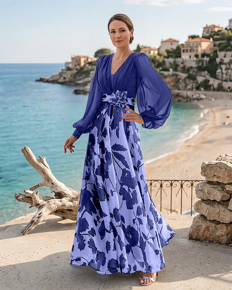 Printed Chiffon Balloon Sleeve Mother of the Bride Dress