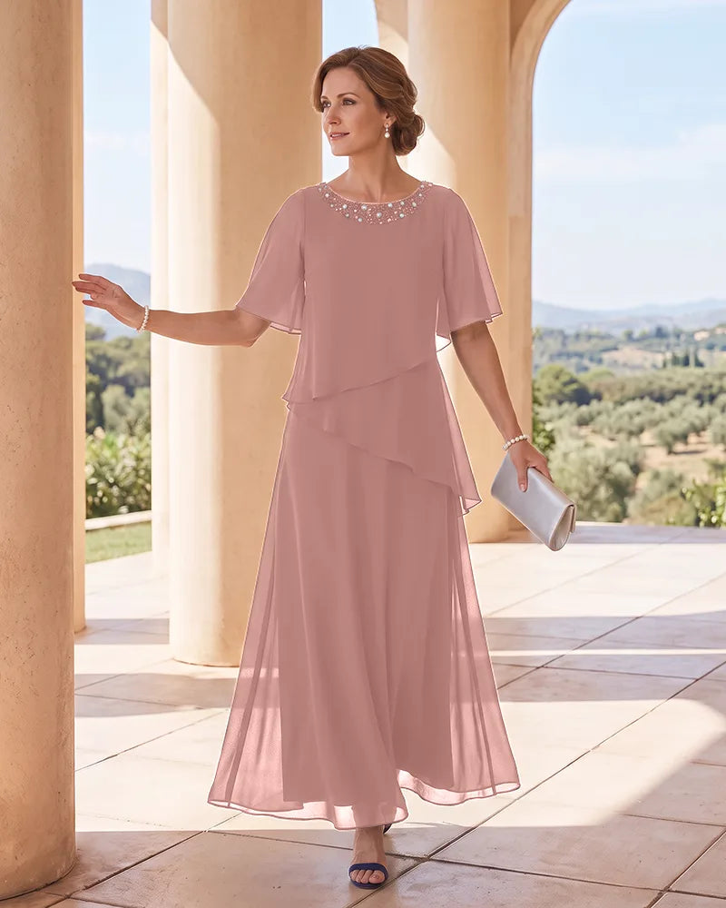 Asymmetrical Ruffle Chiffon Maxi Mother of the Bride Gown