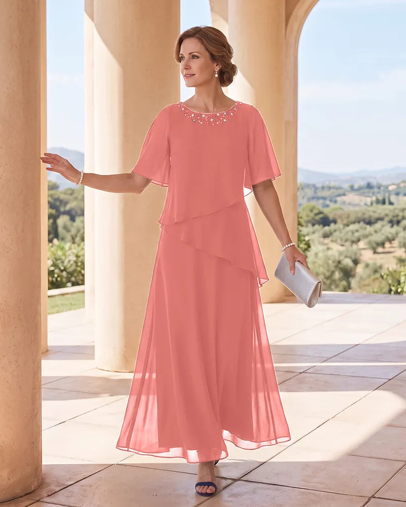 Asymmetrical Ruffle Chiffon Maxi Mother of the Bride Gown