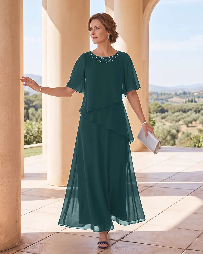 Asymmetrical Ruffle Chiffon Maxi Mother of the Bride Gown