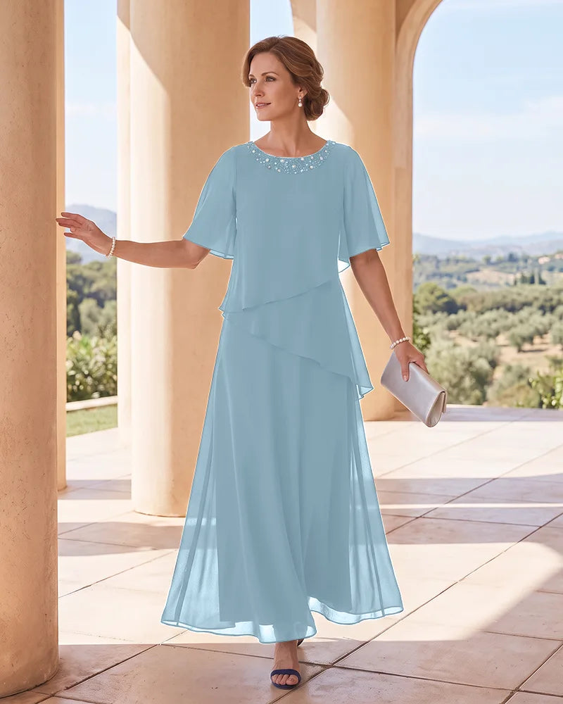 Asymmetrical Ruffle Chiffon Maxi Mother of the Bride Gown