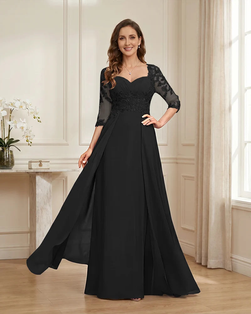 Lace-3/4-Sleeve-Chiffon-A-Line-Mother-of-the-Groom-Dress-Black-1