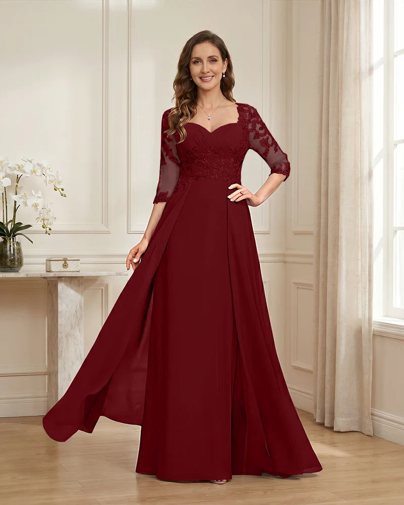 Lace-3/4-Sleeve-Chiffon-A-Line-Mother-of-the-Groom-Dress-Burgundy-1