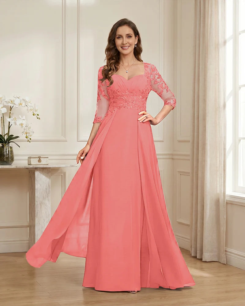 Lace-3/4-Sleeve-Chiffon-A-Line-Mother-of-the-Groom-Dress-Coral-1