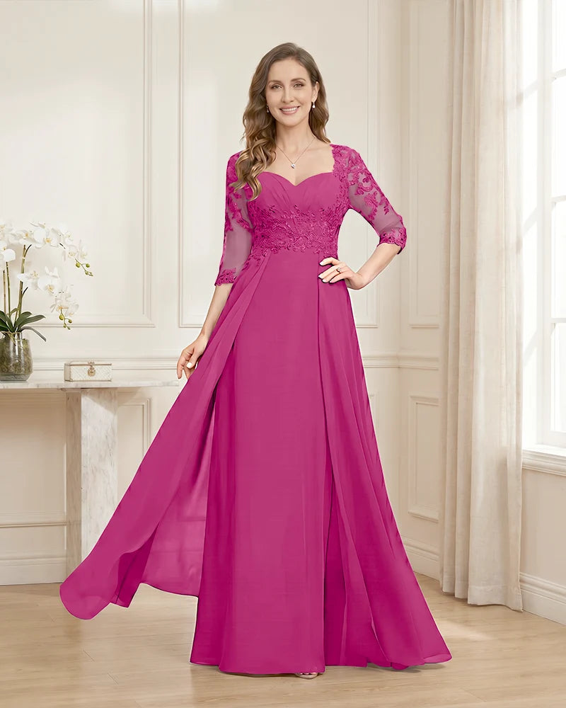 Lace-3/4-Sleeve-Chiffon-A-Line-Mother-of-the-Groom-Dress-Fuchsia-1