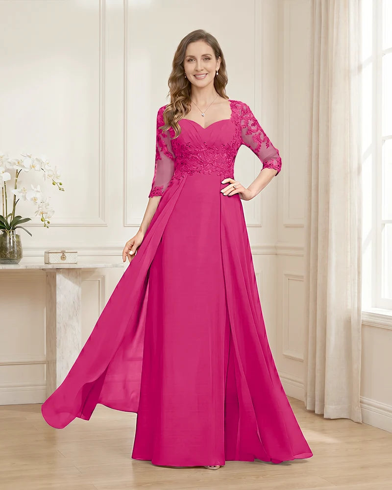 Lace-3/4-Sleeve-Chiffon-A-Line-Mother-of-the-Groom-Dress-Hot-Pink-1
