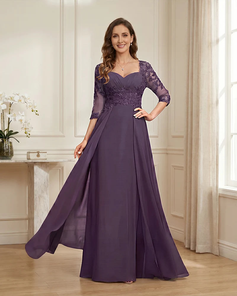 Lace-3/4-Sleeve-Chiffon-A-Line-Mother-of-the-Groom-Dress-Plum-1