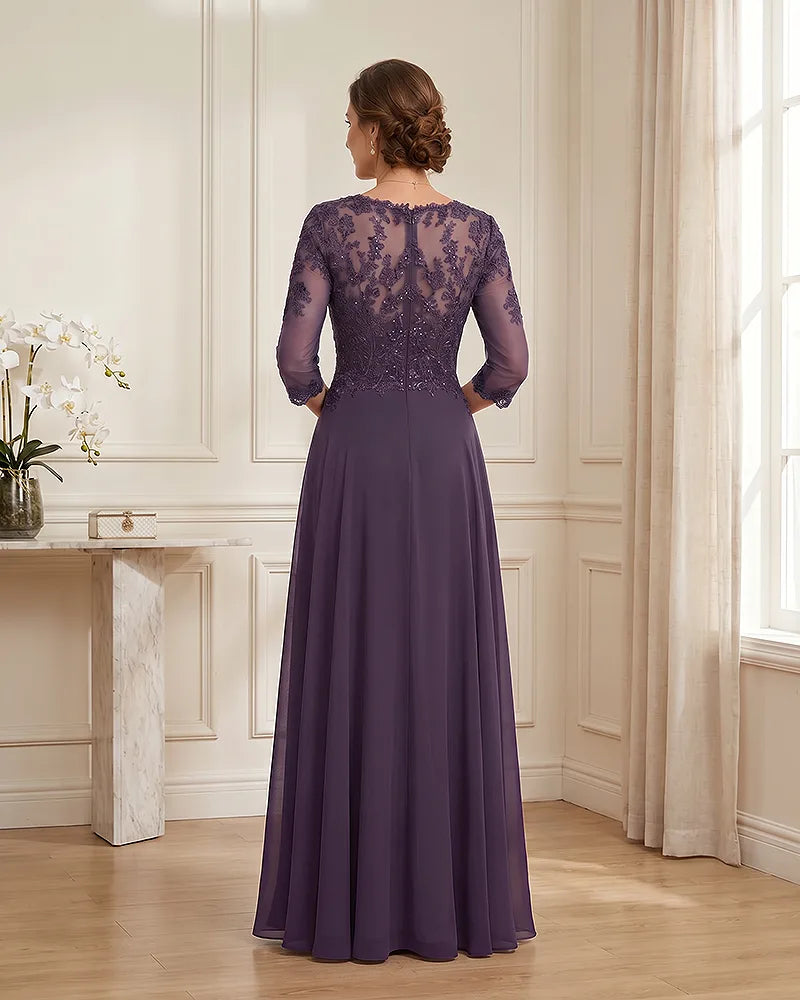 Lace-3/4-Sleeve-Chiffon-A-Line-Mother-of-the-Groom-Dress-Plum-2